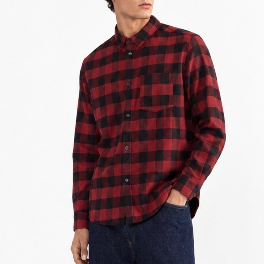 APC John Buffalo Checked Twill Shirt Mens Small Red Black Wool Blend Plaid S